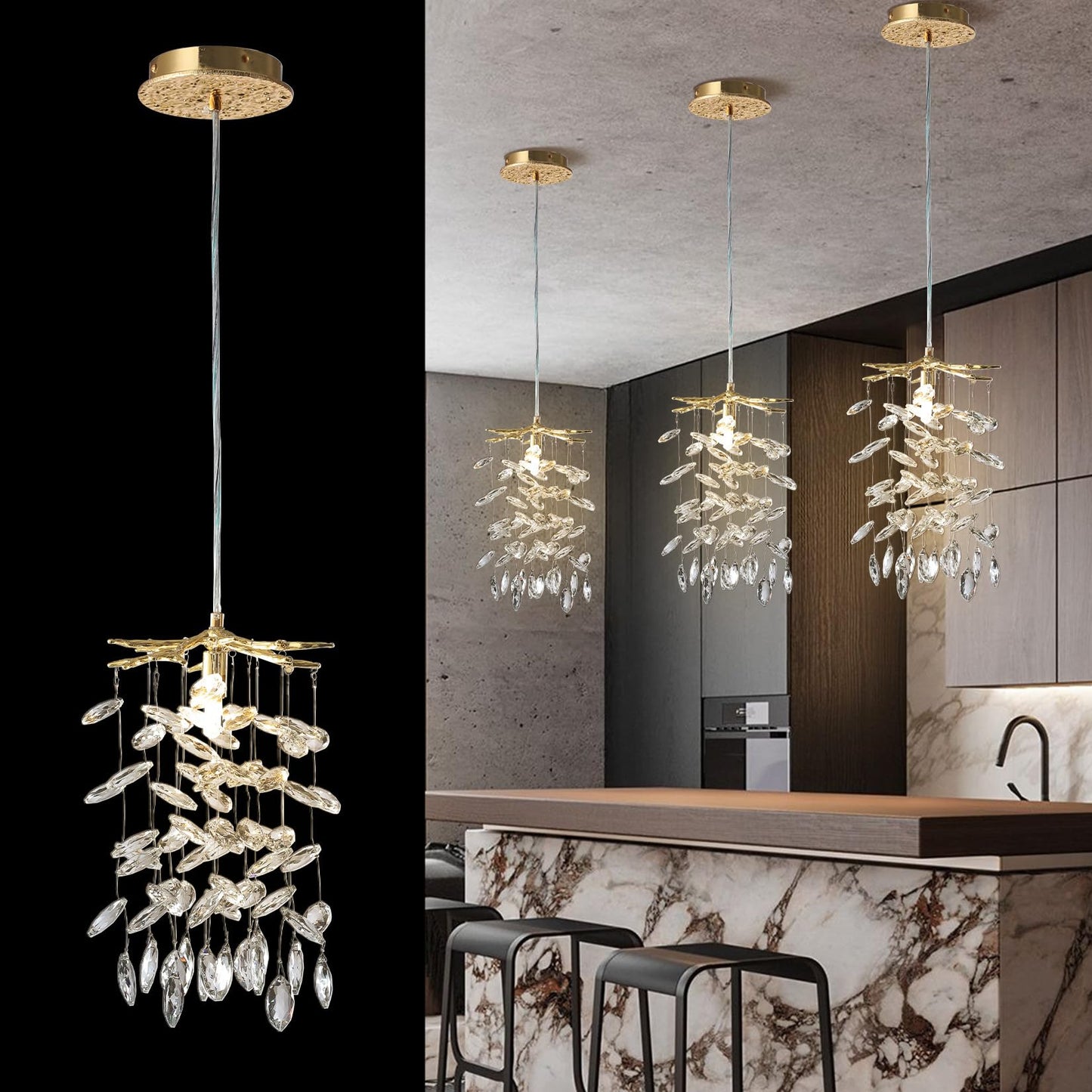 YUYI 8.3" Crystal Pendant Light for Kitchen Island, Modern Gold Tree Branch Chandeliers, Luxury Round Raindrop Chandelier Pendant Lights Fixture for Dining Room, Living Room, Bedroom, Foyer, Entryway