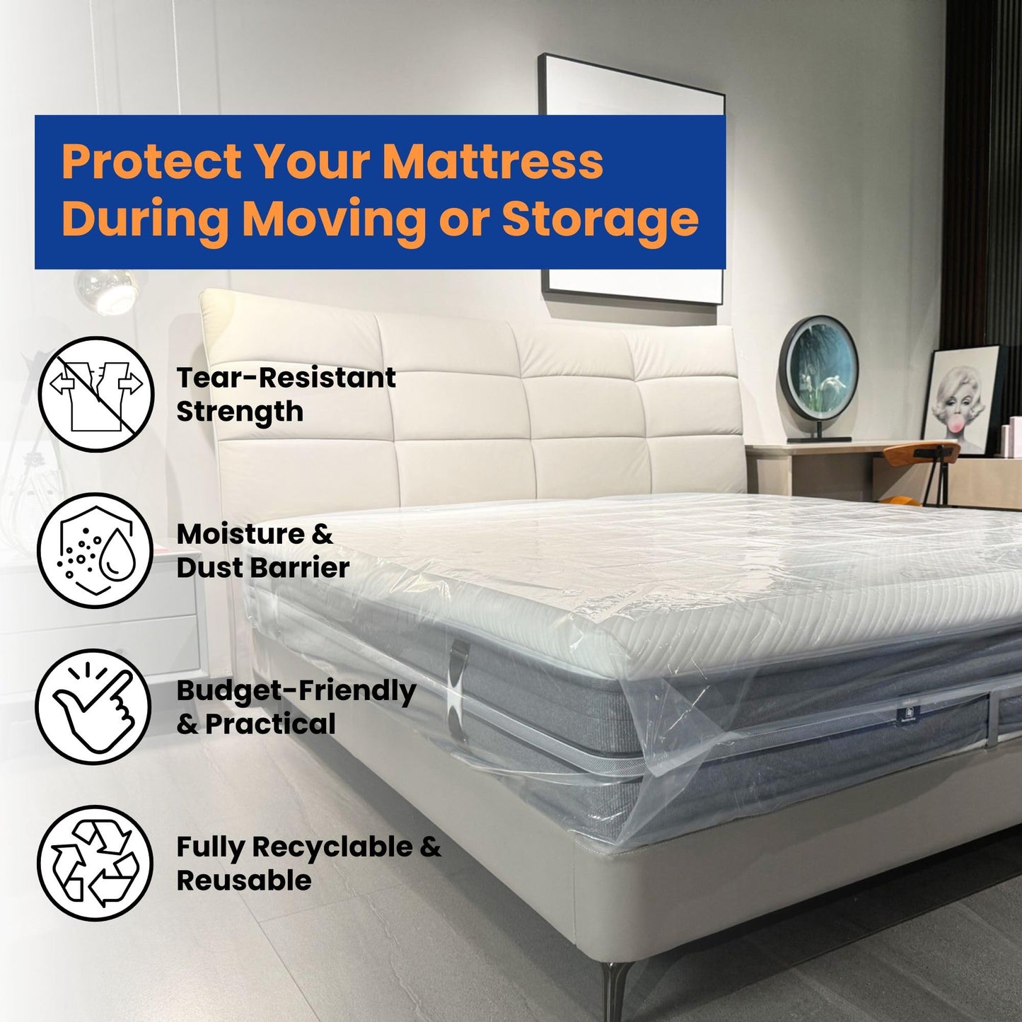 VICMORE Queen Mattress Bag for Moving, Storage & Disposal, 1.5 Mil Heavy-Duty Plastic Mattress Cover, Tear-Resistant, Dustproof, Reusable (Fits Queen Size Beds)