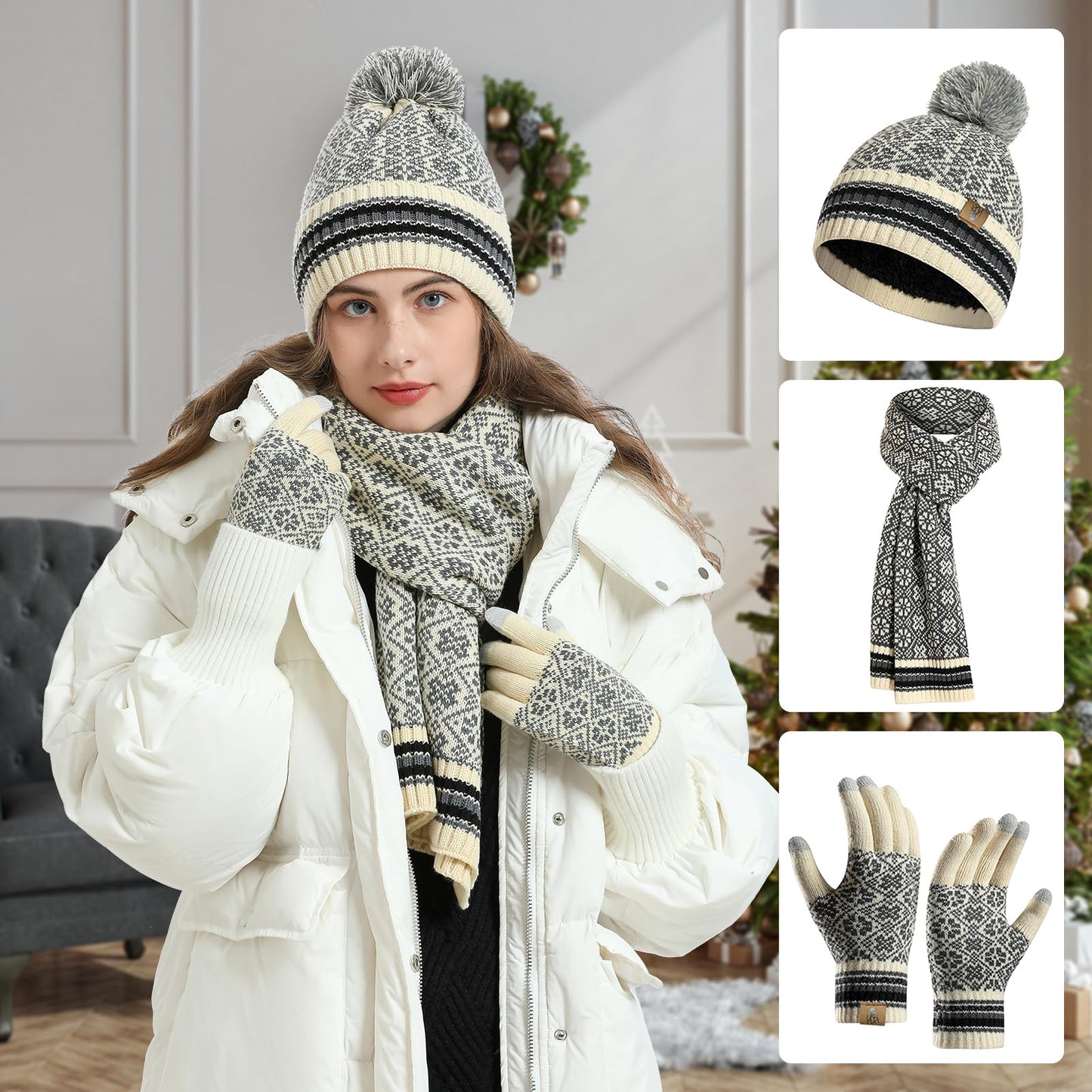 Winter Beanie Hat Long Scarf and Touchscreen Gloves for Women Fleece Lined Skull Cap Neck Scarves for Men 3Pcs