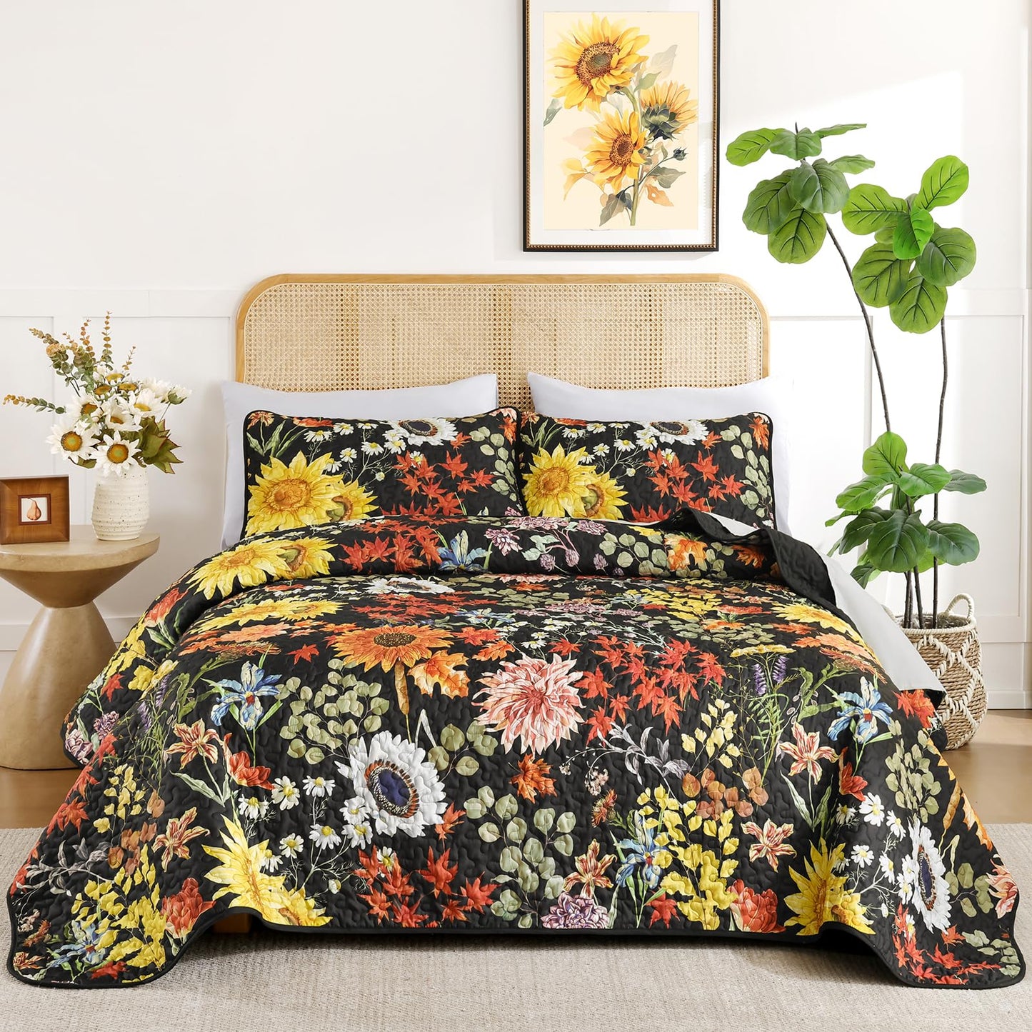 Yiran Quilt King Size, Black Yellow Floral Bedspreads Bedding Set, 3 Pieces Spring Summer Soft Lightweight Microfiber Coverlet with 2 Pillow Shams for All Season 106x90 Inch
