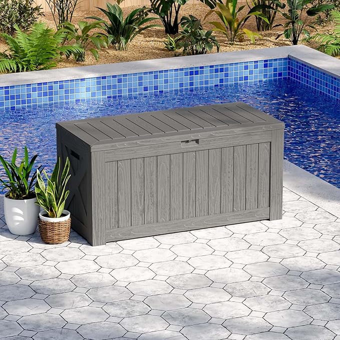 Patiowell 120 Gallon Large Deck Box, Outdoor Lockable Storage Box for Gardening Tools, Waterproof Deck Box for Patio Furniture, Light Brown