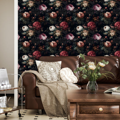 XRUIBZI Dark Floral Peel and Stick Wallpaper Vintage Gothic Contact Paper Pink Goth Flower Wall Mural Home Vinyl Waterproof Self Adhesive Removable Renter Friendly Wall Paper 17.5" x 118"