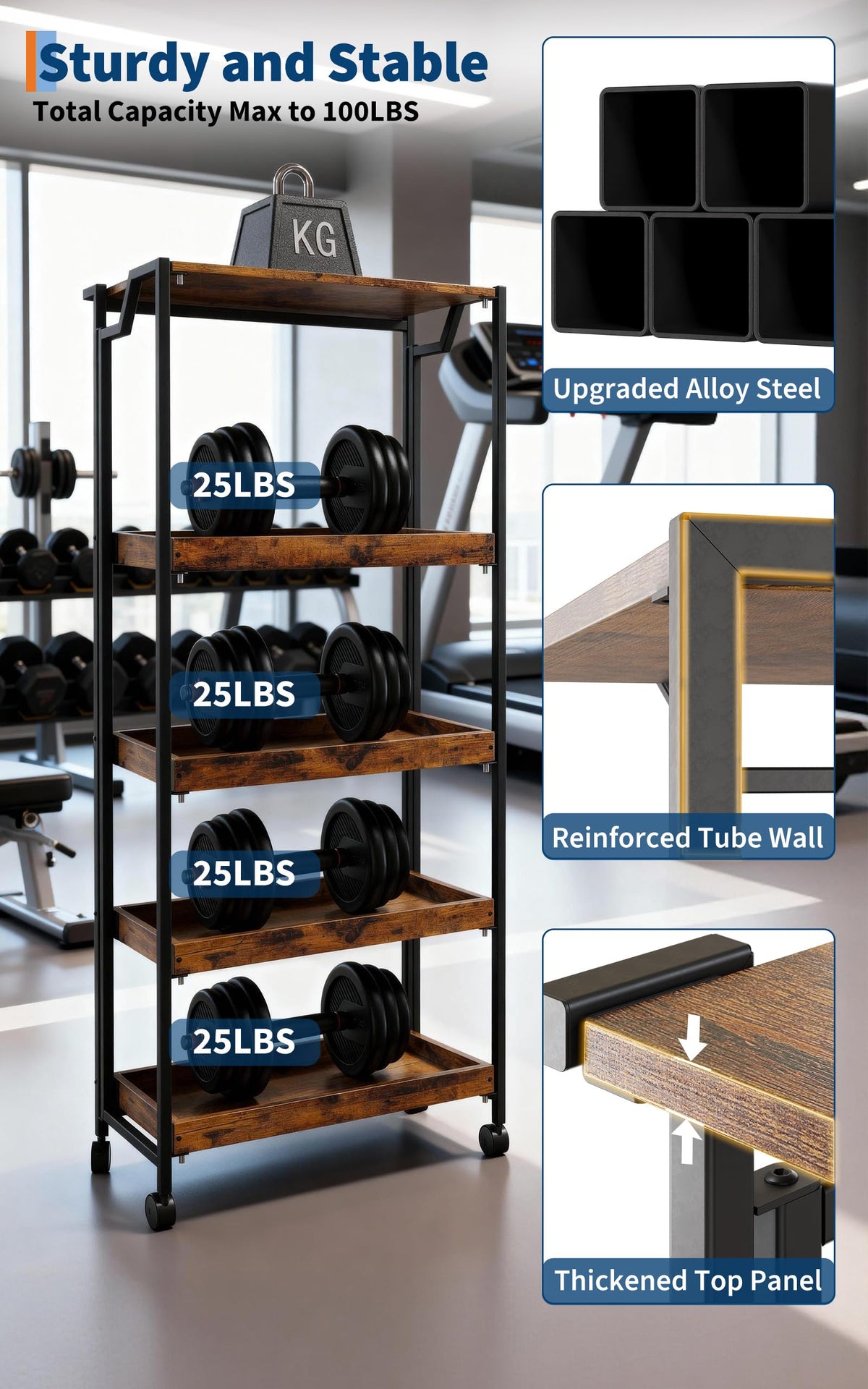 PeakPursuit Large 4-Tier Collapsible Wooden Storage Shelf – Heavy Duty 100 lbs Capacity, Locking Wheels – Space-Saving Organizer for Kitchen, Garage, Workshop, Home – No Assembly Required