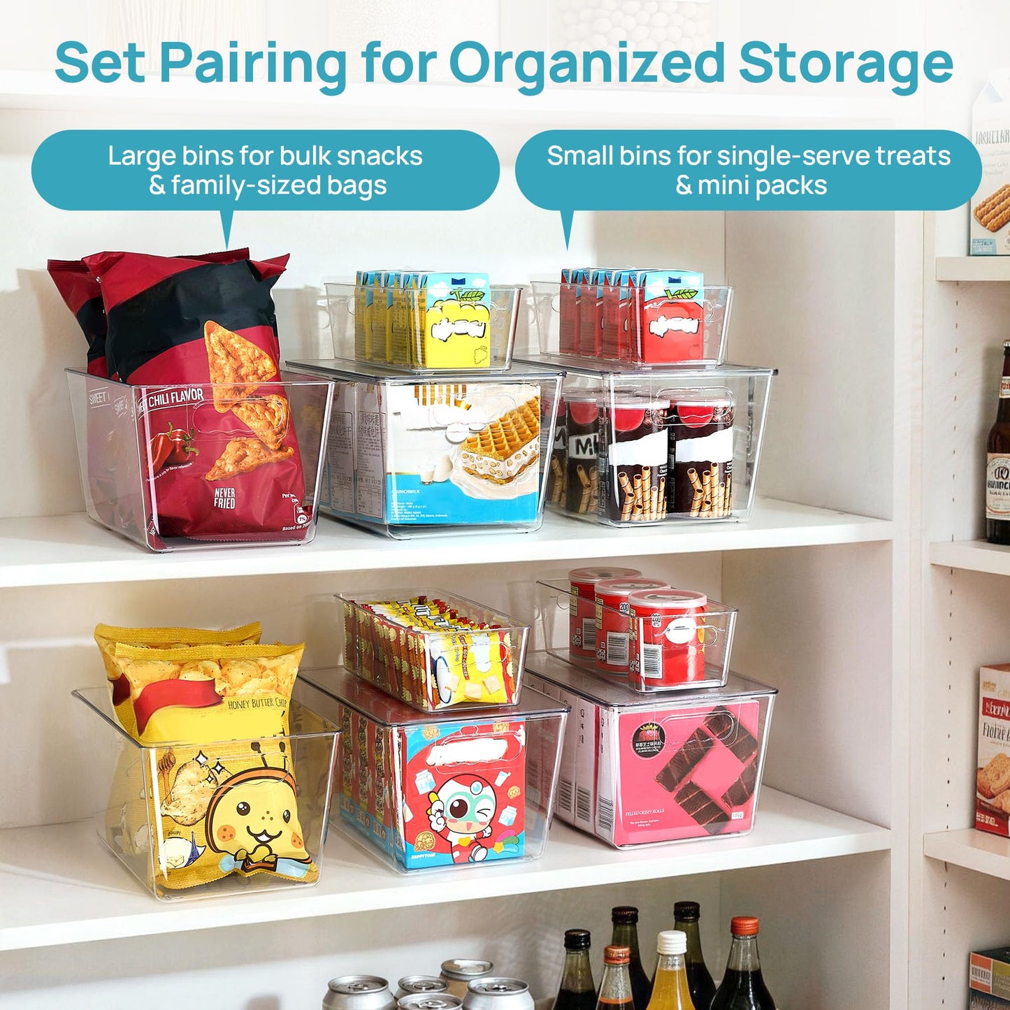 Vtopmart 8 Pack Clear Plastic Storage Bins with Lid Set, 4 Large and 4 Small Pantry Organizers and Storage Bins with Handle, Storage Containers for Pantry, Kitchen, Fridge, Cabinet Organization