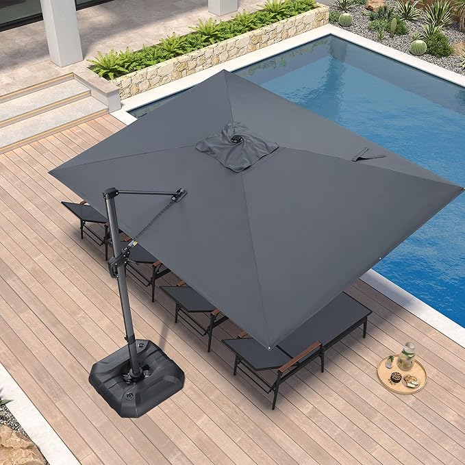 PURPLE LEAF 9'×11.5' Cantilever Patio Umbrella with Base Rectangle Offset Outdoor Umbrella Cover with Zipper for Garden Deck Pool Grey