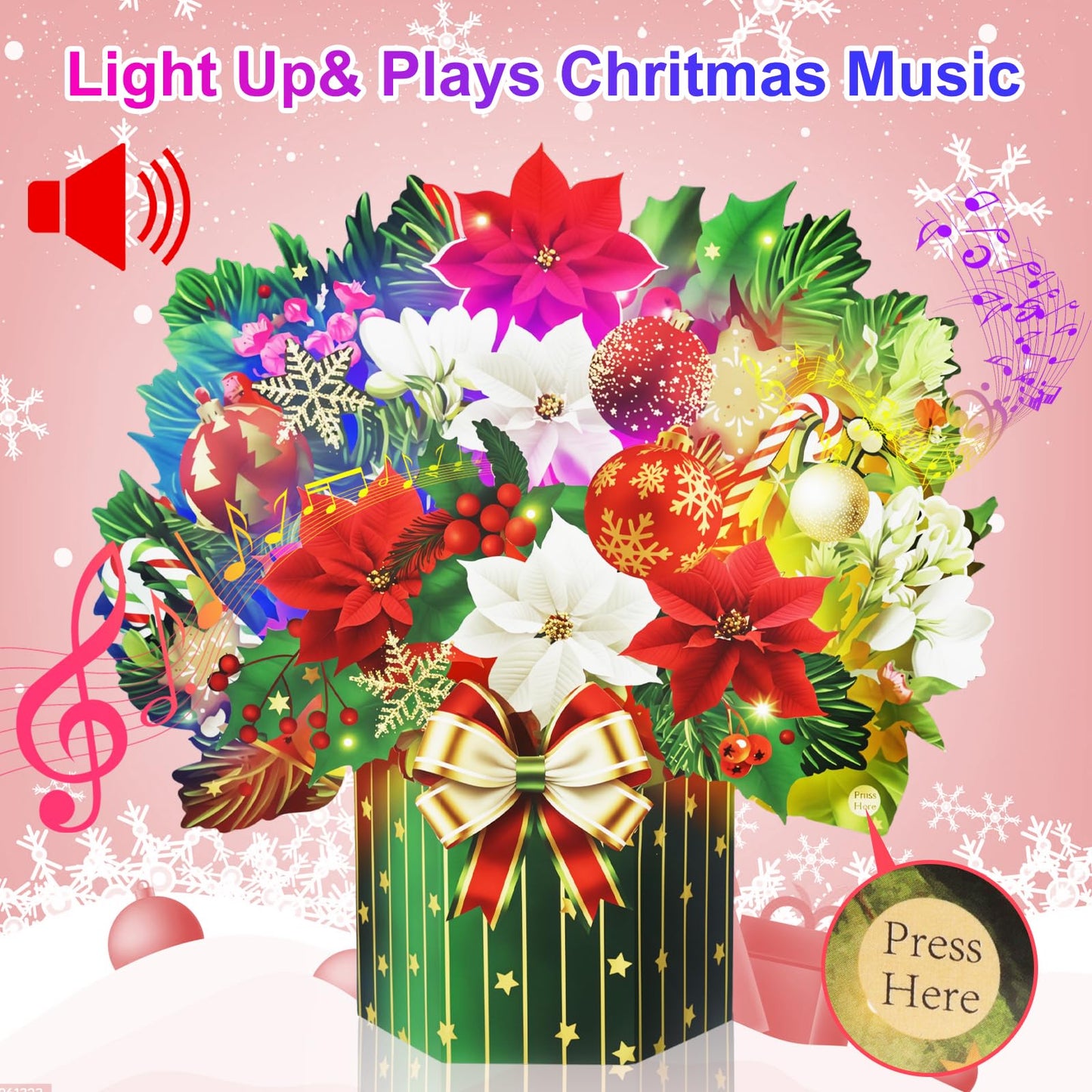 Yinqing Christmas Cards, Light and Music Merry Christmas Cards, 13 Inch Life Sized Forever Flower Bouquet 3D Pop Up Xmas Gift Card for Women Wife Mom Daughter Sister