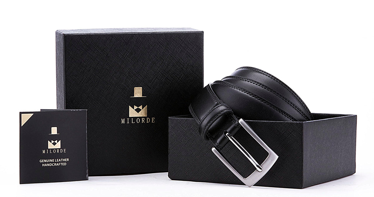 MILORDE Leather Black Belts, Fashion & Classic Design for Dress and Causal (Size 48 (Waist 46), Basic Black)