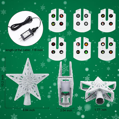 Christmas Tree Topper Projector Lights with 6 Projection Modes, Sliver Star Christmas Tree Topper with Built-in LED Projector, Dynamic Projection for Christmas Party Holiday Decoration
