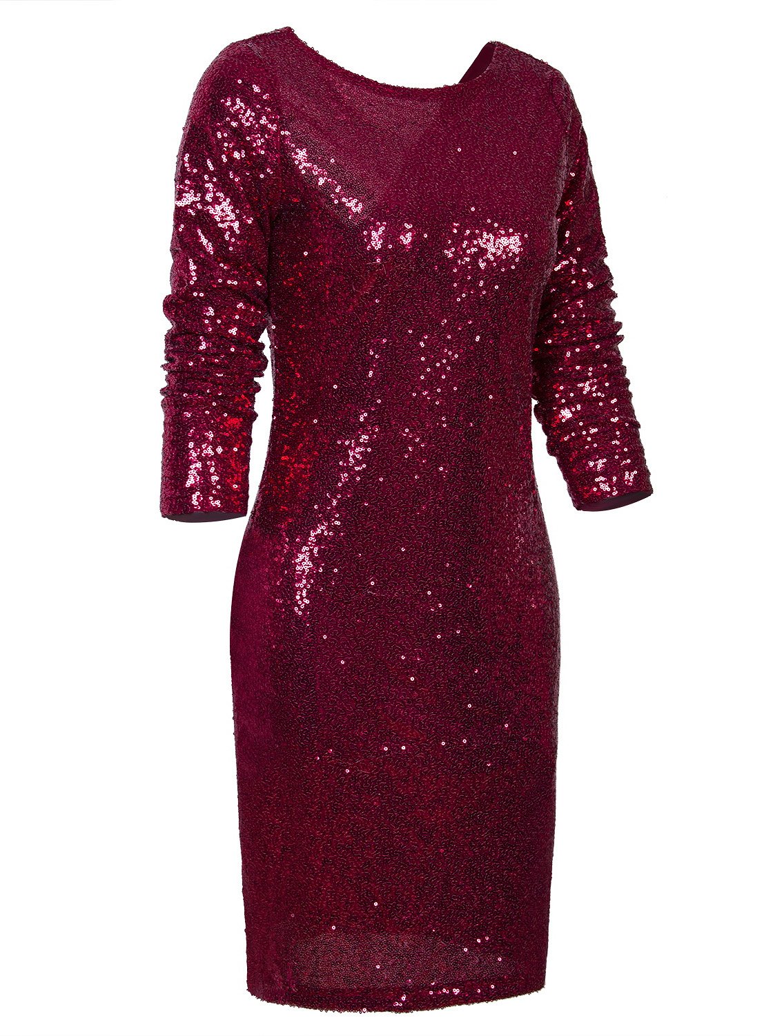 Vijiv Women's Long Sleeve Sequin Bodycon Cocktail Party Club Evening Mini Dress V Neck Red