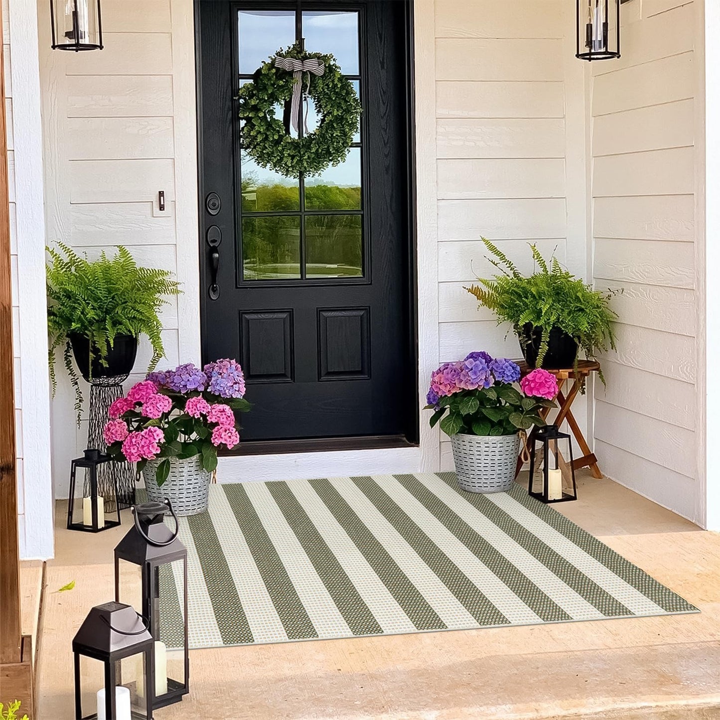 OJIA Outdoor Rug 3'x5', Washable Entryway Rugs Indoor Fall Front Door Mat Cotton Woven Checkered Front Door Rug Small Area Rug Halloween Doormat for Porch Kitchen Patio Bathroom (Green/White/Tan)