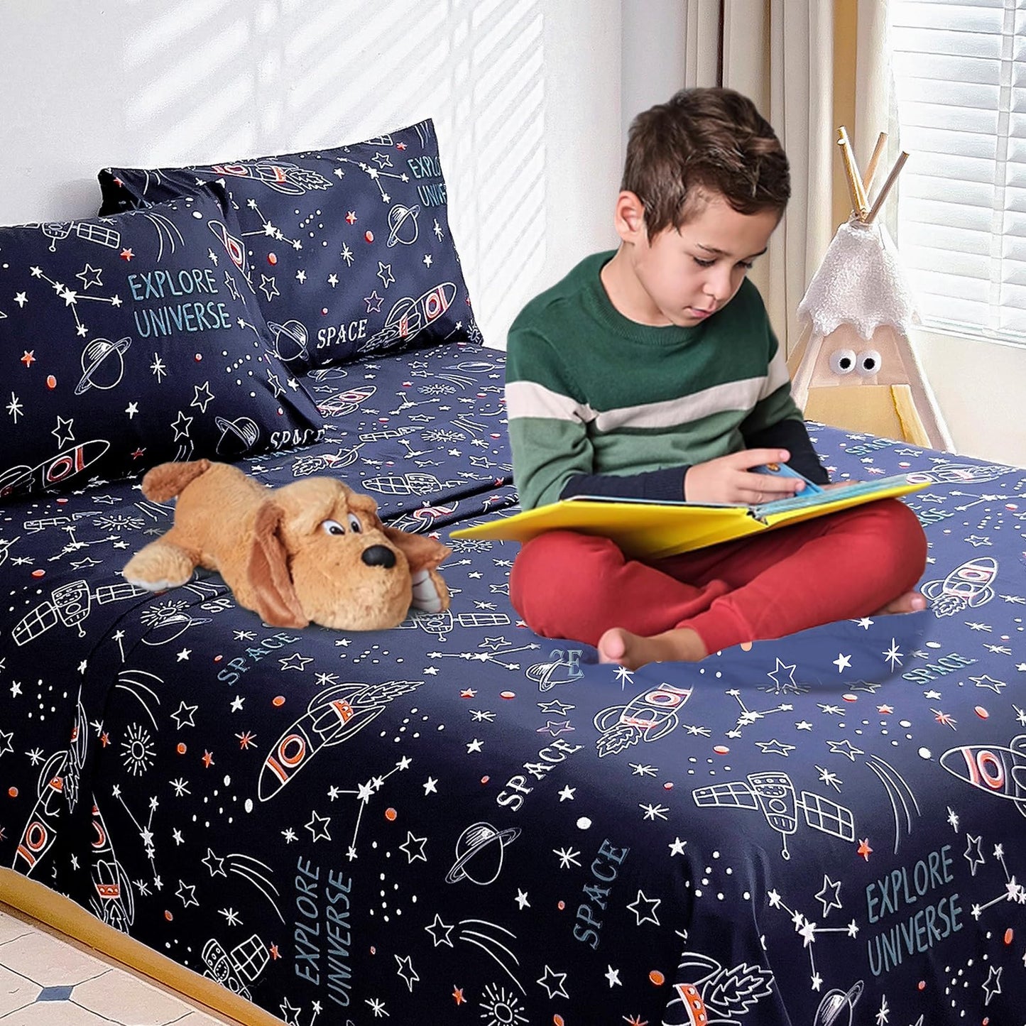 Homilay Full Sheet Set Kids - Navy Blue 4 Pieces Soft Microfiber Cartoon Style Bedsheets for Boys Girls Teens, Oeko TEX Breathable 15 Inch Deep Pocket Sheets(Space Rocket)