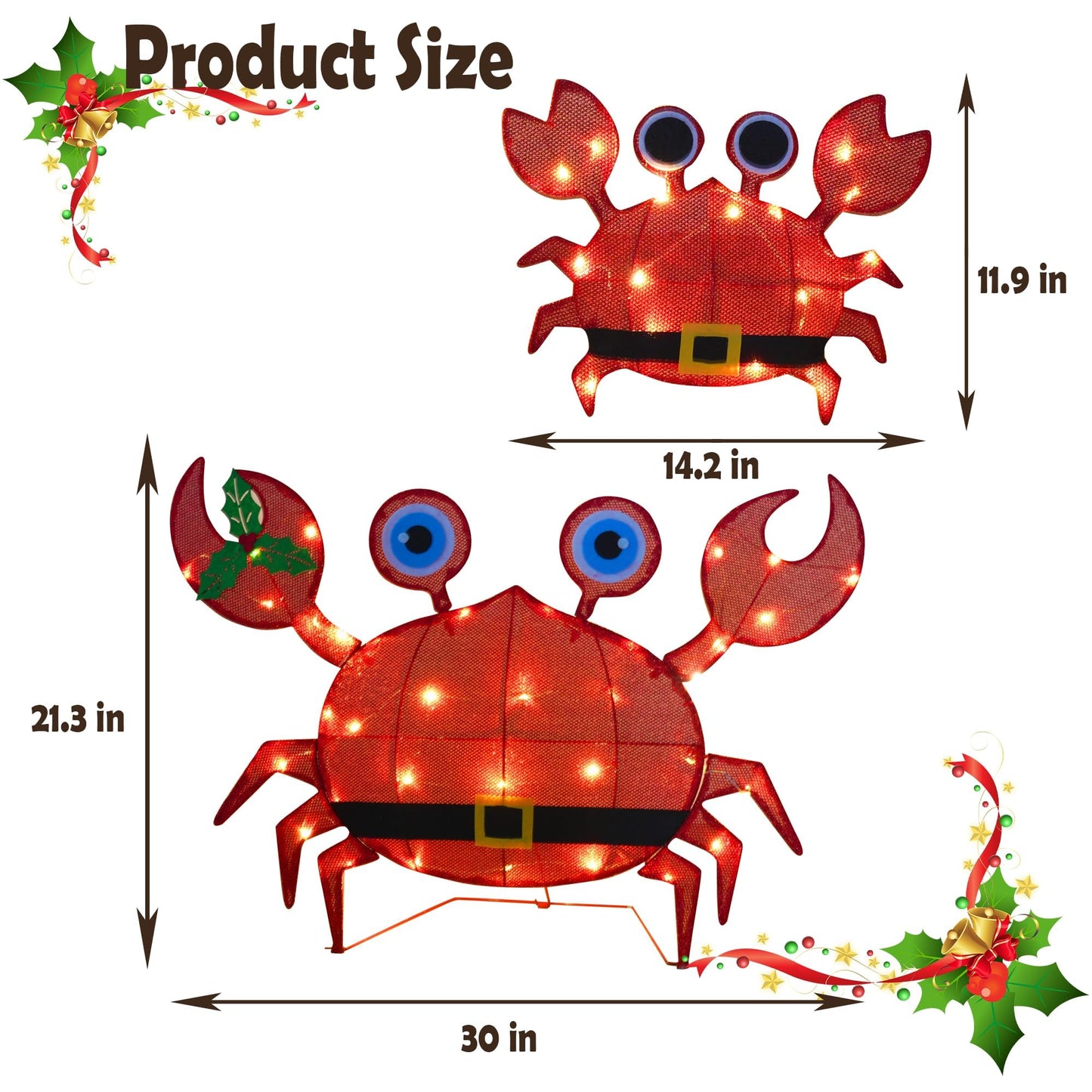Dazzle Bright Christmas Outdoor Decorations Yard, 2 Piece Battery Operated Lighted Crab 50 LED Lights with 8 Lighting Modes, Light Up 2D Crab for Xmas Holiday Front Garden Patio Lawn Decor