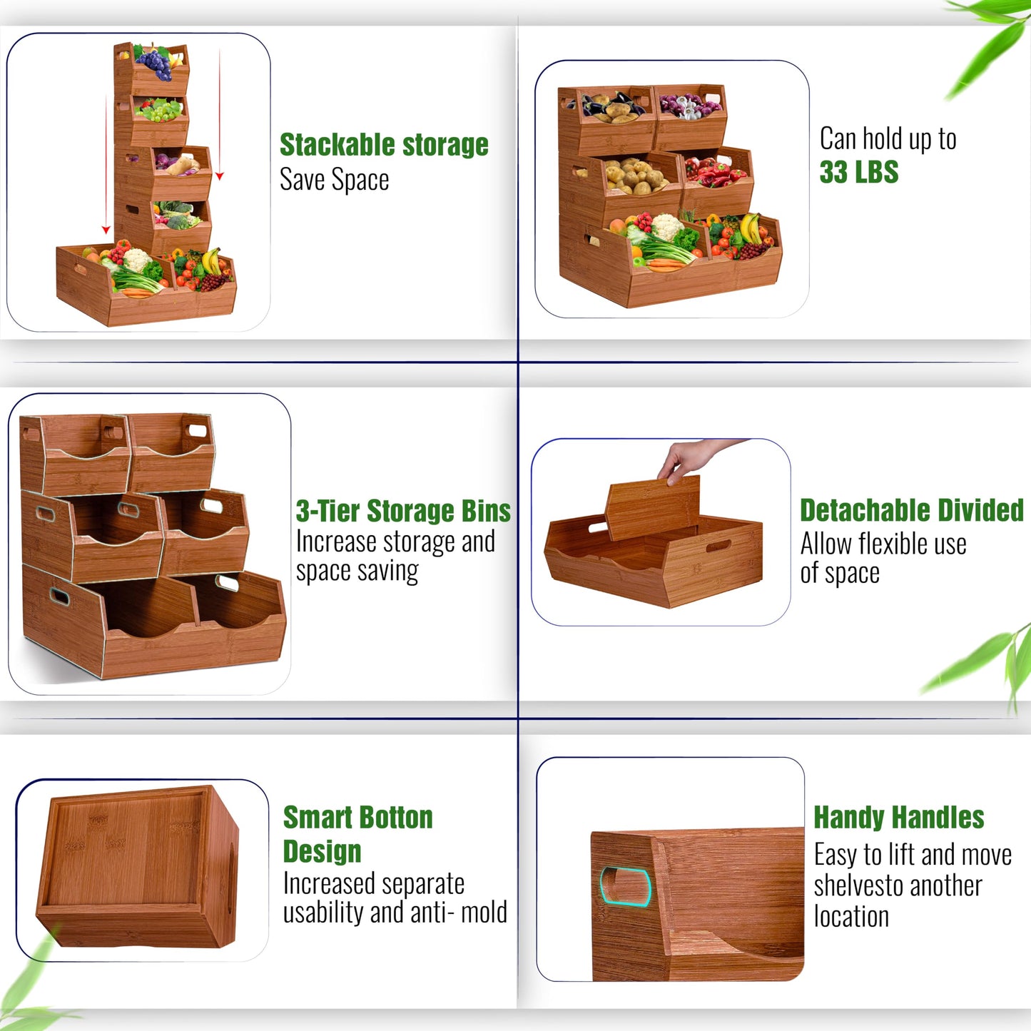 [Upgraded] 3-tier Stackable Bamboo Pantry Storage Bins, Potato and Onion Storage Baskets with Handles, Removable Divider, Pantry Organizer Holder for Kitchen, Office, Cabinet, Fruit Storage (Walnut)