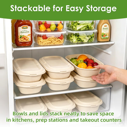 FEHHTO 50-Pack 30oz Disposable Meal Prep Containers with Lids, Sugarcane Pulp Compostable Food Containers + 50 Bamboo Forks, To-Go Food Containers, Microwave & Freezer Safe for Hot or Cold Foods