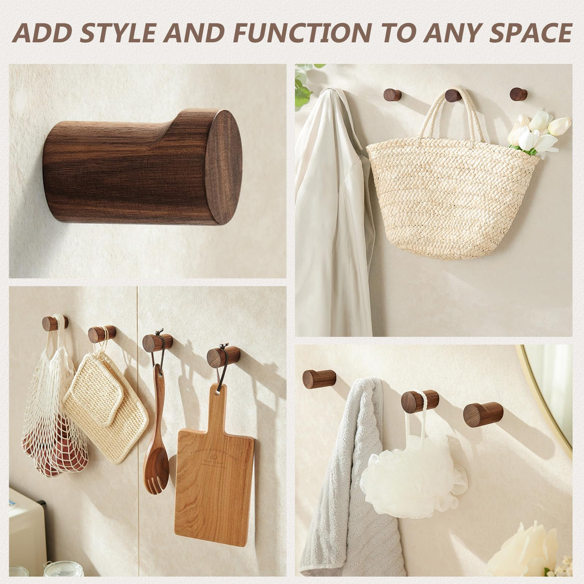 HeyPPO Wooden Wall Hooks 4 Pack, Modern Decorative Coat Hook Wall-Mount, Handmade Rustic Hat Hooks, Entryway Wall Hangers for Hanging Coats Hats Backpack, Bathroom Wood Towel Rack (Walnut)