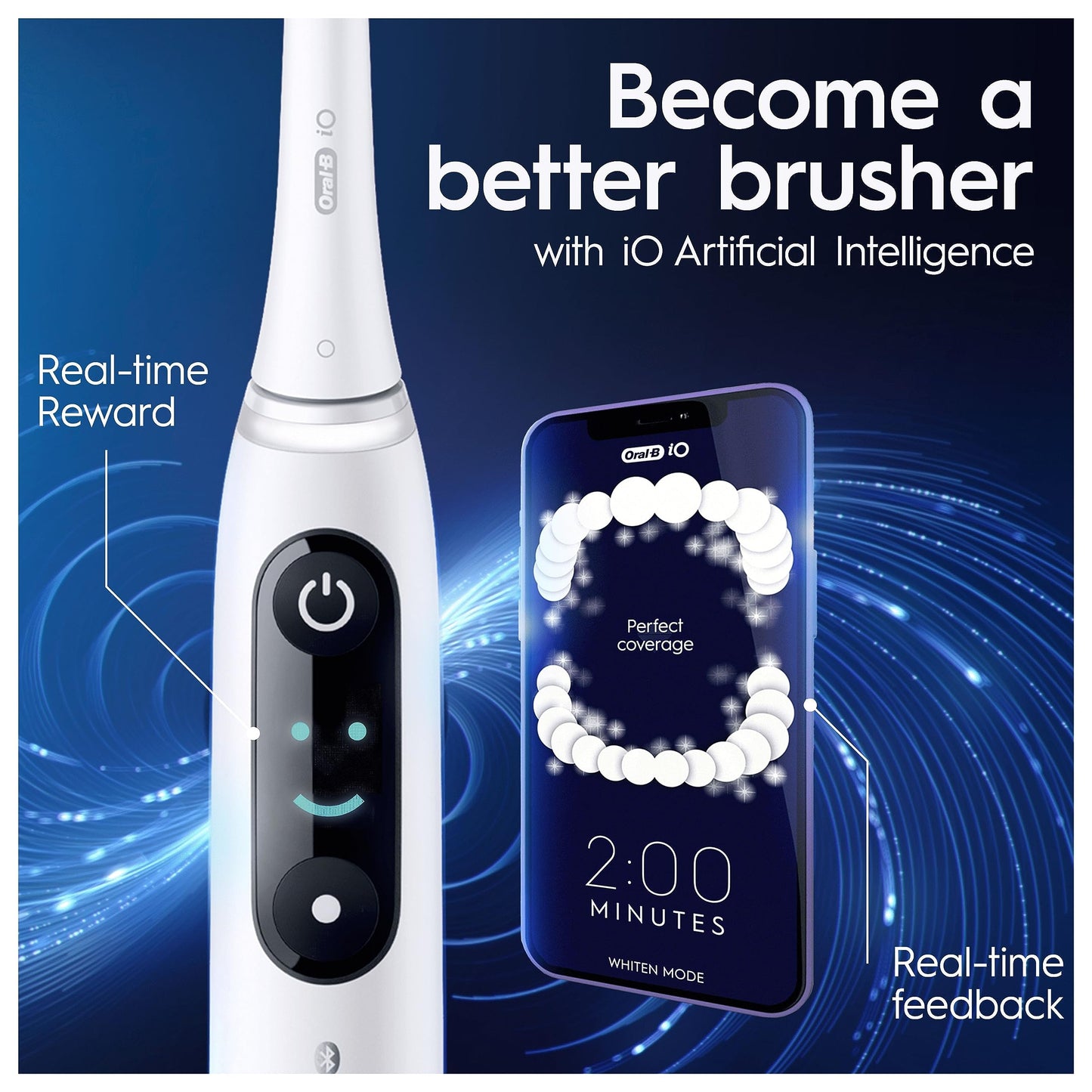 Oral-B iO8 Electric Toothbrushes For Adults, App Connected Handle, 1 Toothbrush Head & Travel Case, 6 Modes with Teeth Whitening, 2 Pin UK Plug, White