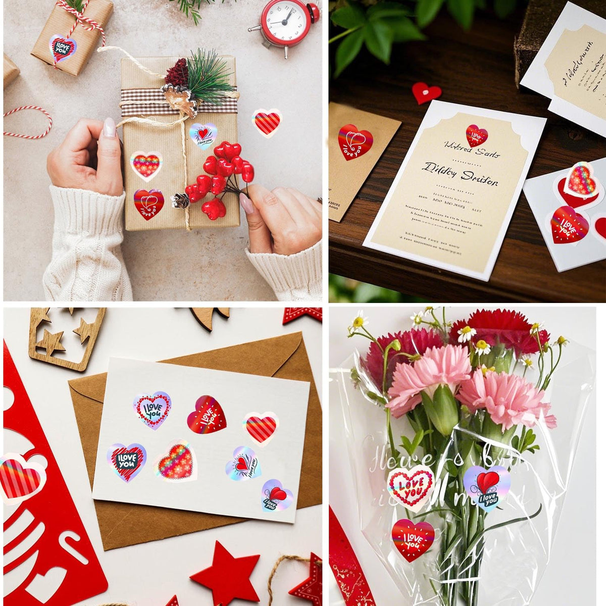 Glitter & Holographic Red Heart Shaped Stickers with “I Love You “Stickers 600PCS 1" 18 Designs for Valentine's Day, Mother's Day Gifts, Wedding Decor, Envelopes,Invitations & Scrapbook
