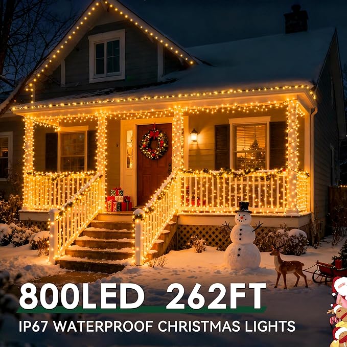 Outdoor Christmas Lights, 800LEDs 262FT Christmas Tree String Lights, IP67 Waterproof 8 Modes Warm White Holiday Lights with Remote for House Yard Xmas Decorations