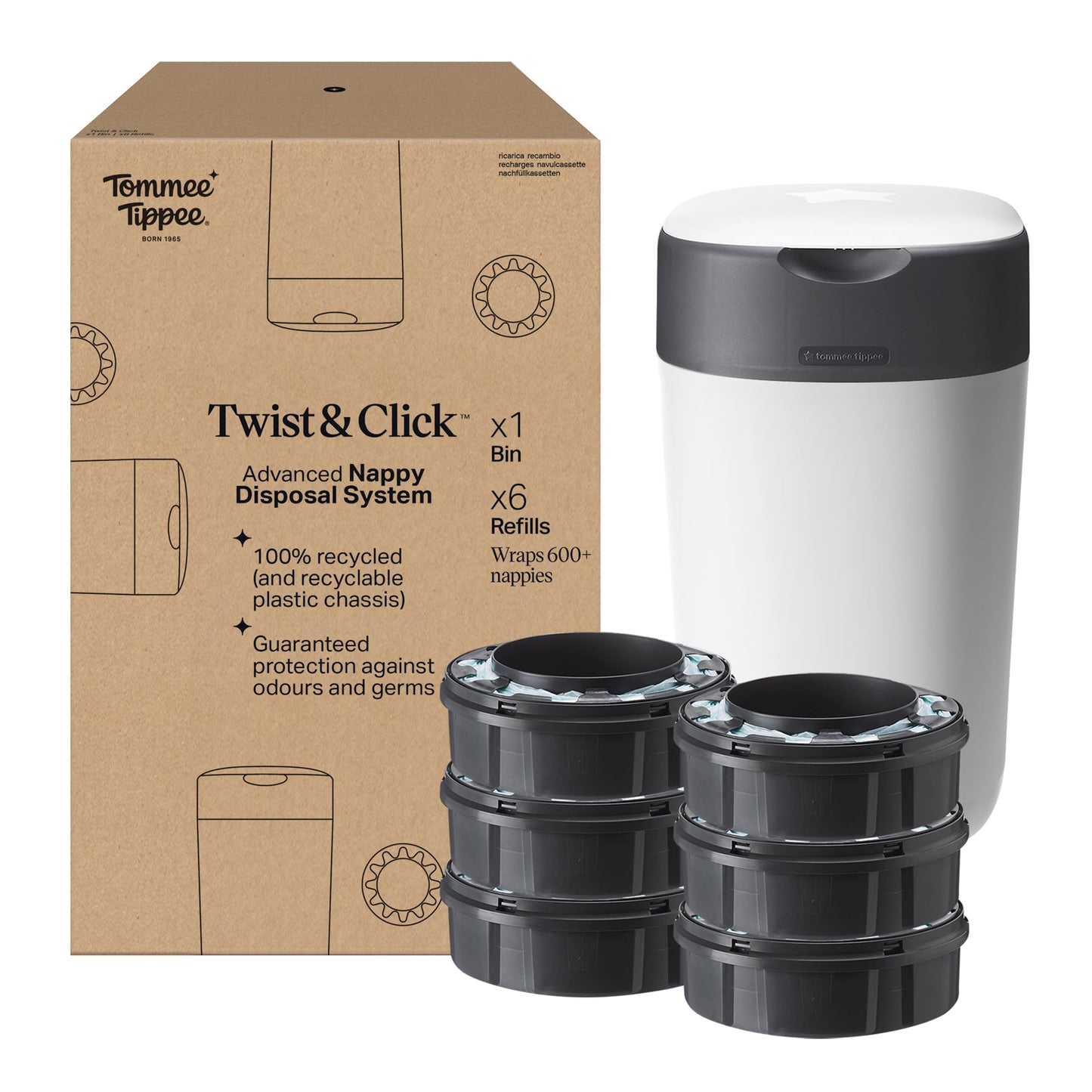 Tommee Tippee Twist and Click Nappy Bin Starter Set, 6x Refill Cassettes with Multilayer, Antibacterial Film, 100% Recycled Chassis, White