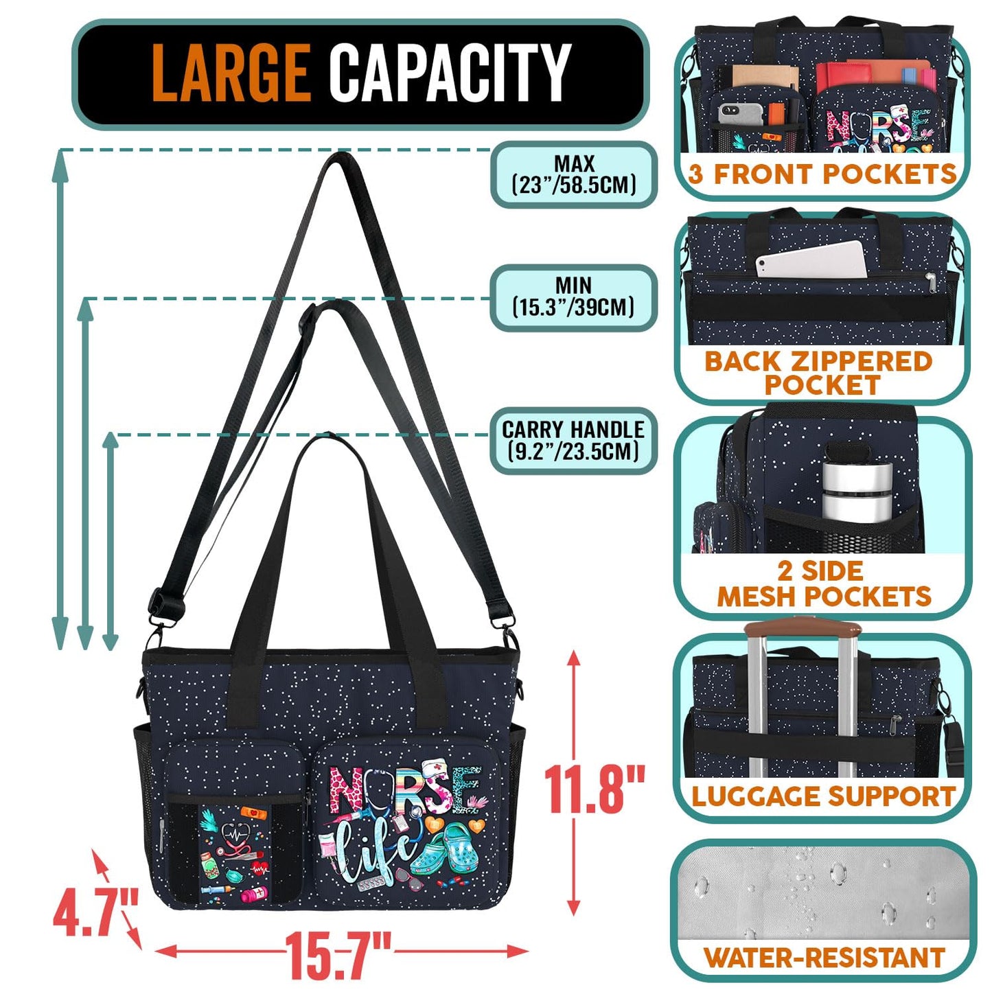 84hoods Nurse Work Bag with Large Compartments, Padded Laptop Storage and Multiple Pockets. Waterproof Nurse Bag for Work. Shoulder Bag Nurse Tote Bag. Nurse Life Galaxy.