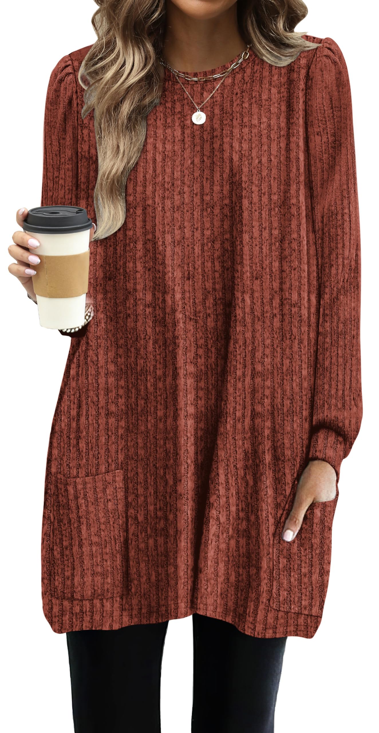 OFEEFAN Long Sleeve Shirts for Women Long Sweaters with Pockets Tunic Tops Loose Fit