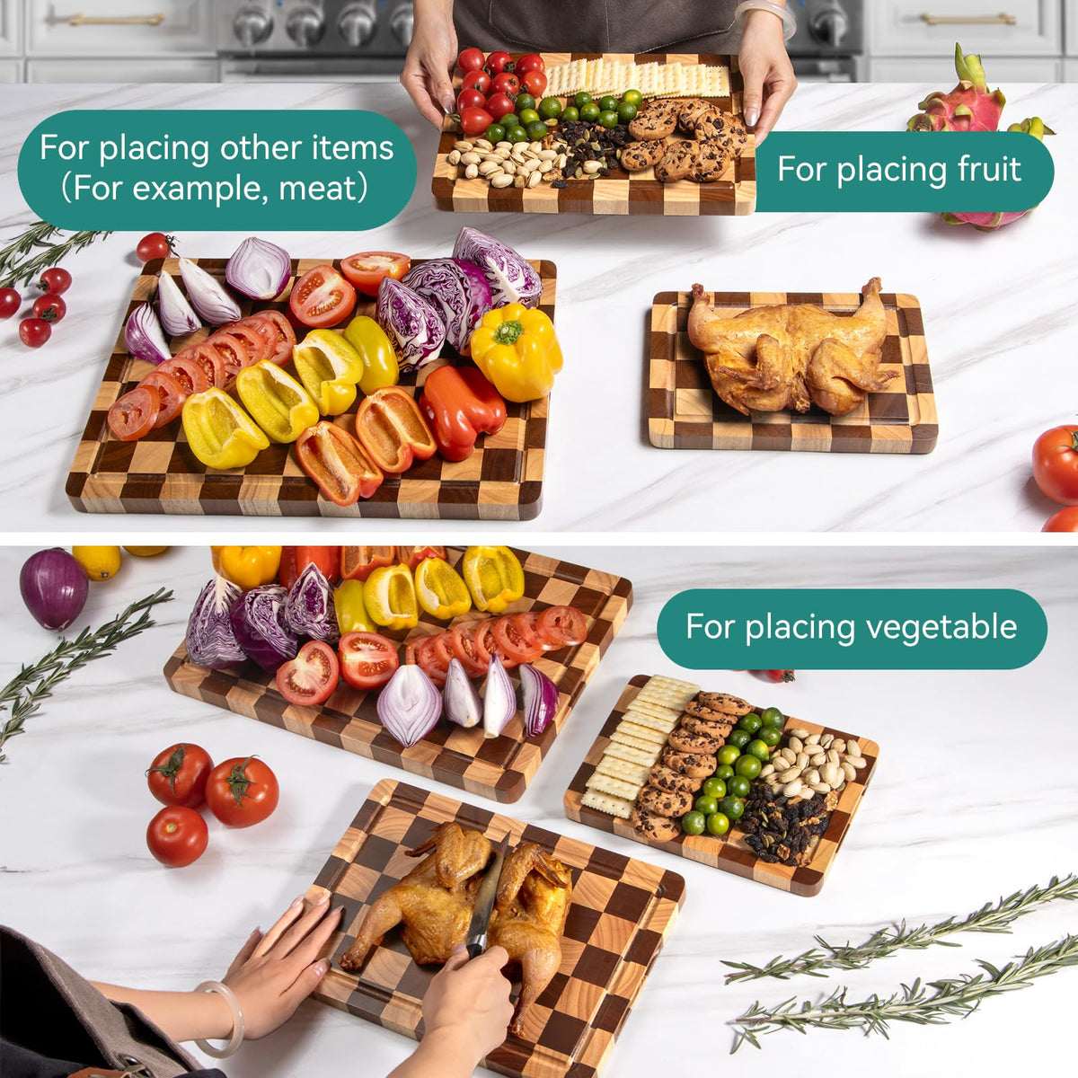 Checkerboard Cutting Board 3-PC Set, Solid Wooden Chopping Board, Acacia Wood Cutting Board for Kitchen with Holder with Deep Juice Grooves & Built-in Handles, for Meat, Vegetables and Fruits