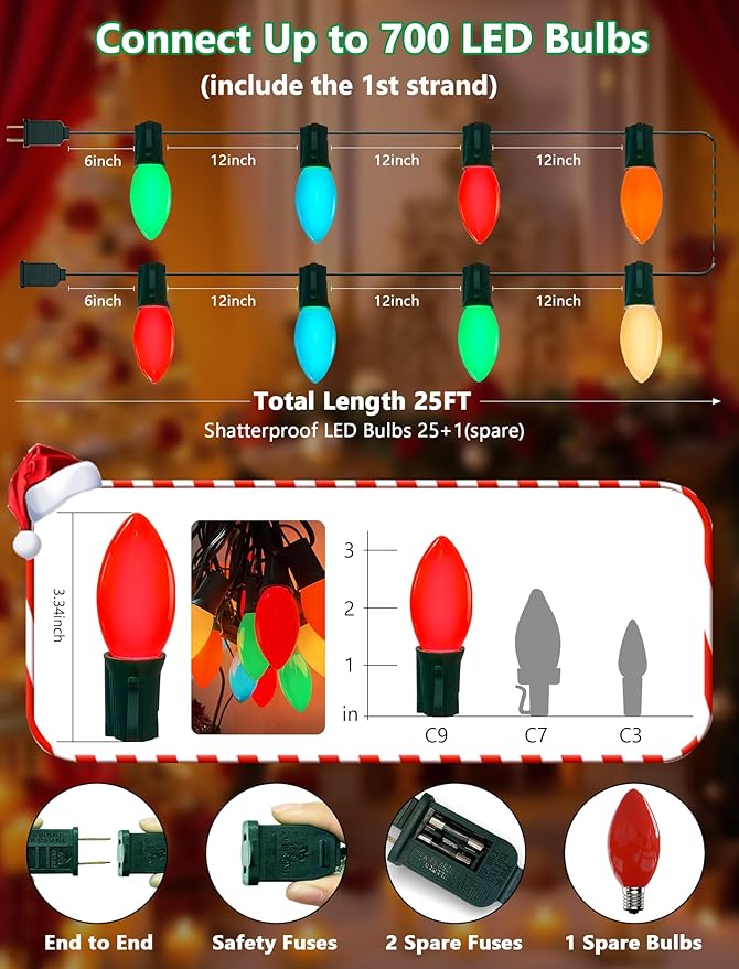C9 Christmas Lights Outdoor, 25FT 25 LED C9 Multicolor String Lights, Steady Glow & Shatterproof, IP44 Waterproof, UL Listed, Connectable Christmas Tree Lights for Indoor/Outside Roofline & Patio