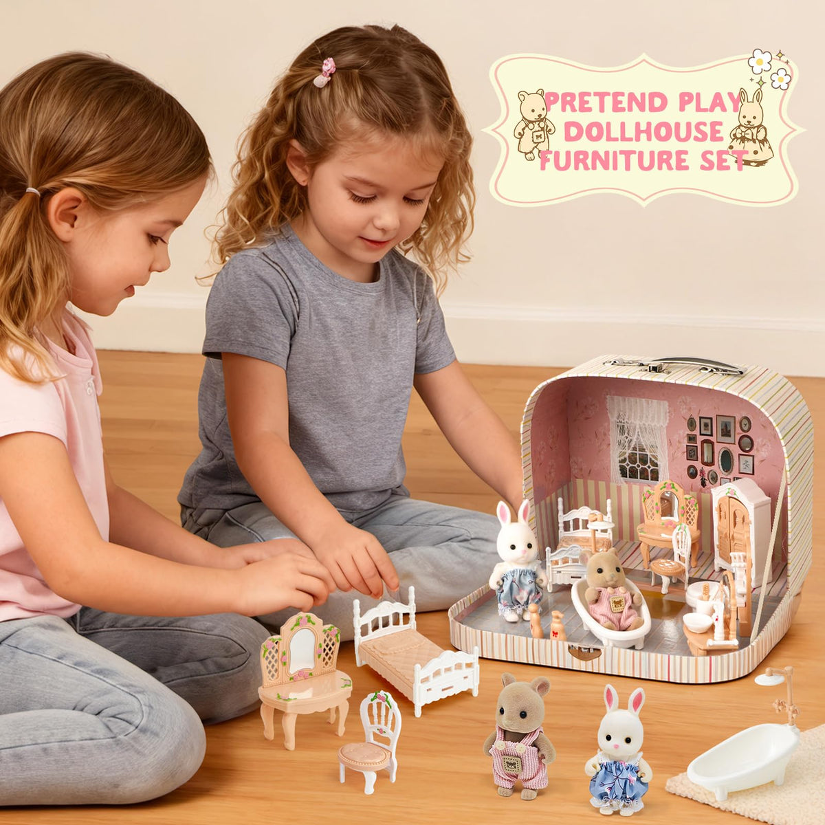 TUZT Suitcase Dollhouse Furniture Set for Kids, Mini Dollhouse Box with 2 Flexible Dolls and Bedroom&Bathroom Furnitures, Pretend Play Accessories Christmas Birthday Gift for Toddlers Ages 3+