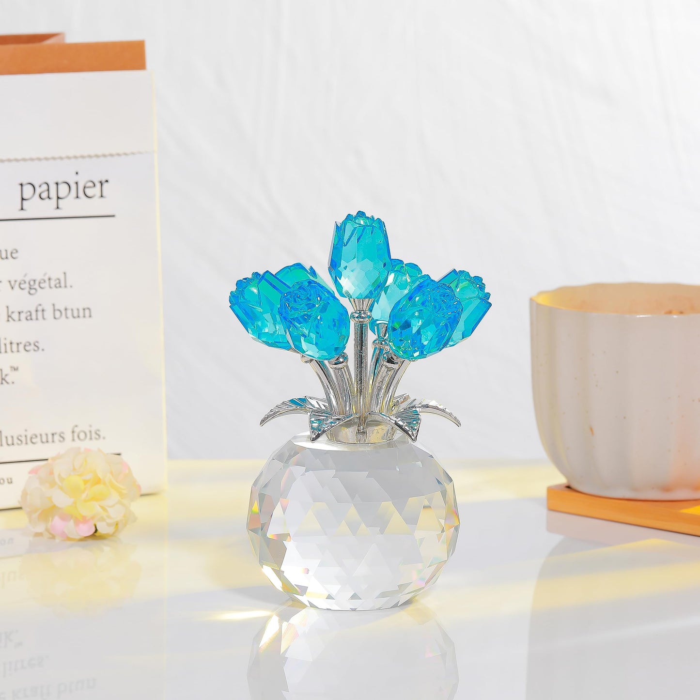 Lake Blue Rose Crystal Figurine with Vase, Bouquet Flowers Ornament Gifts for Wife, Girlfriend, Women - Handmade Crystal Flower Collectible Home Table Decor for Valentine Day, Wedding Anniversary