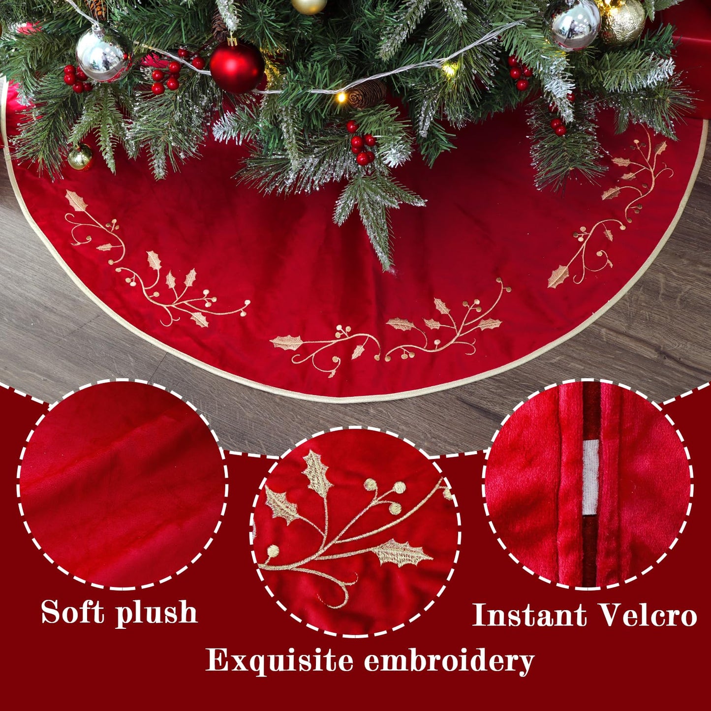 Bunny Chorus Christmas Tree Skirt, 48 inches Red Luxury Velvet Plush Fur Skirts with Gold Embroidered Holly Leaf for Rustic Xmas Tree Holiday Decorations