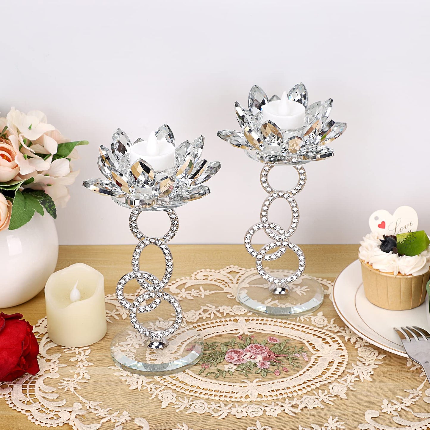 OwnMy Set of 2 Crystal Lotus Flower Candle Holders Metal Glass Lotus Pillar Candlestick Holders, Silver Crystal Lotus Tealight Candlesticks Votive Candle Stands for Wedding Table Centerpiece, 7.5" H