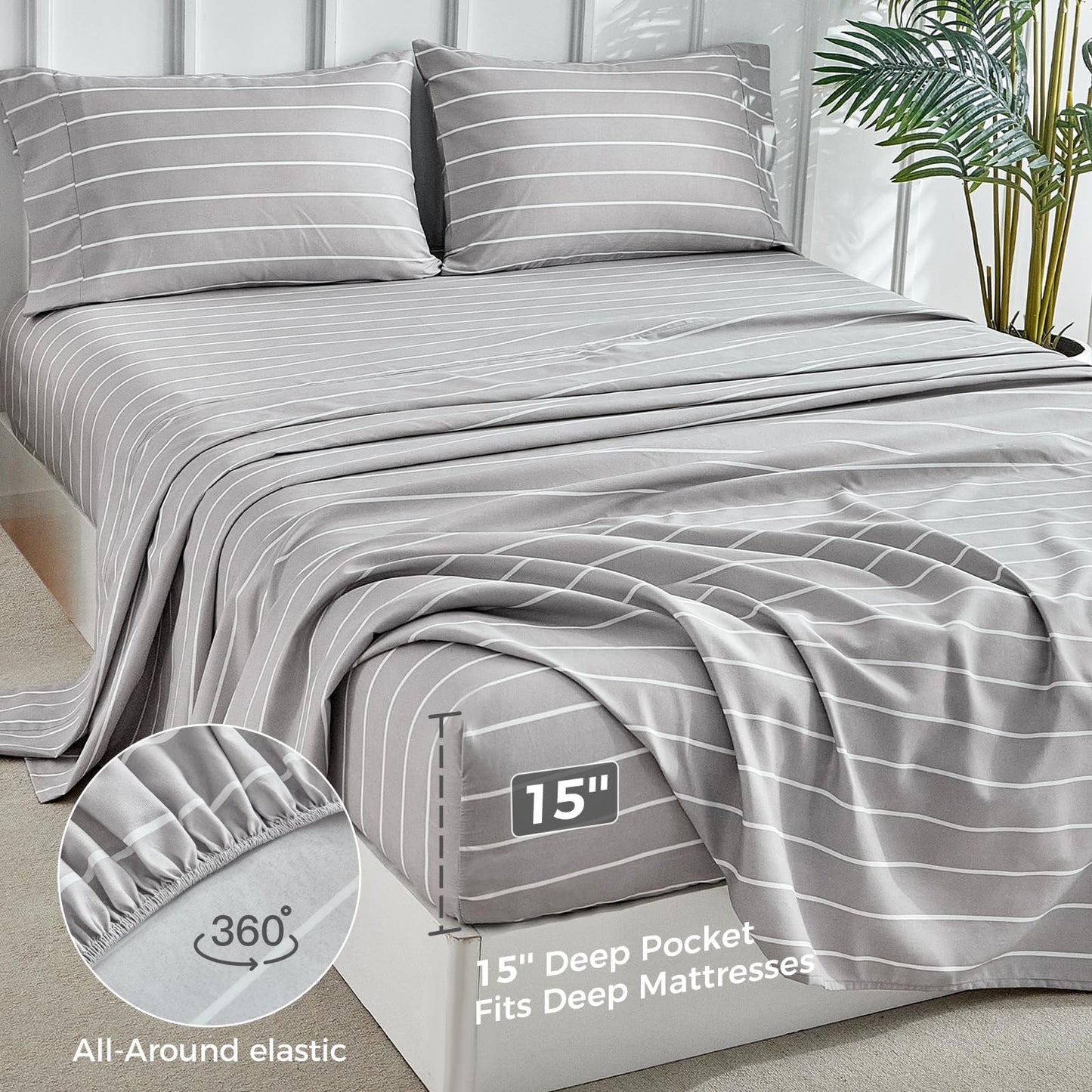 Tokokimo Gray Stripe Sheets Set King Size, 16 inches Deep Pocket Fitted Sheet, Flat Sheet & Envelope Closure Pillowcases, Soft Breathable Microfiber Sheet Set 4-Piece, Gray and White