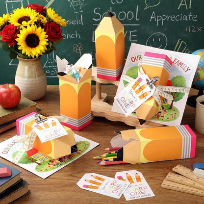 Gueevin 6 Set End of Year Gift Pencil Gift Boxes with Our Class Is a Family Greeting Cards Teacher Appreciation Pencil Treat Boxes for Graduation Party Favor Supplies
