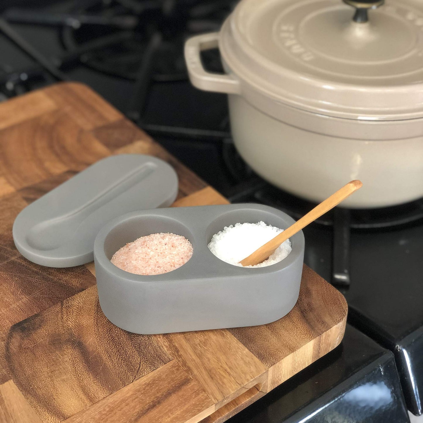 Fox Run Cement Double Salt Cellar with Spoon, 3 x 3.5 x 6.25 inches, Gray