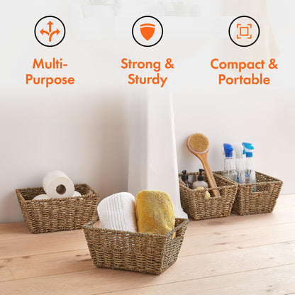 VonHaus Seagrass Storage Baskets, Set of 4 Hand-Woven Display Hampers - Bathroom Storage Baskets for Shelves - Nesting Natural Woven Seagrass Organiser w/Handles for Bedroom & Home Office