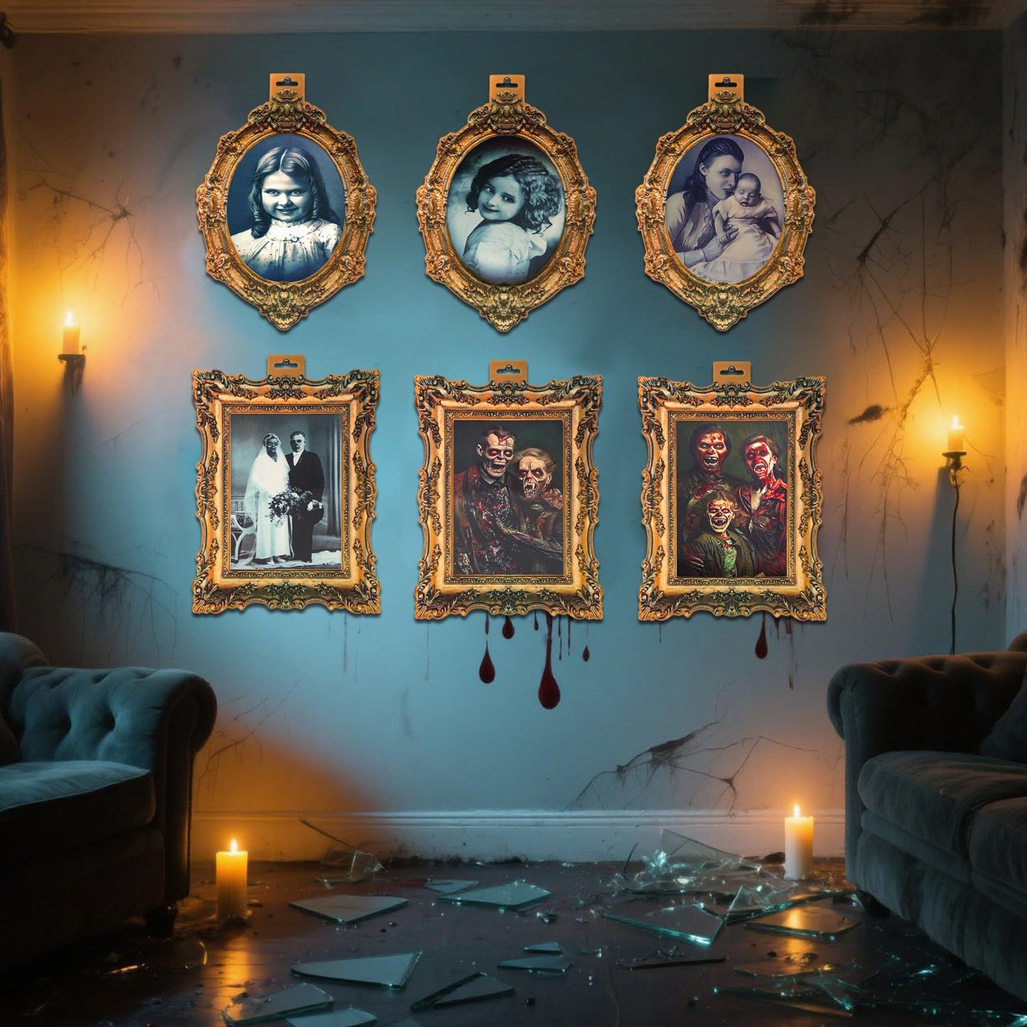 YBB 8Pcs Halloween 3D Changing Face Moving Pictures, Horror Portrait Frame Scary Photo with Hanging Hole Creepy Wall Decor for Home Castle Haunted Mansion House Halloween Party