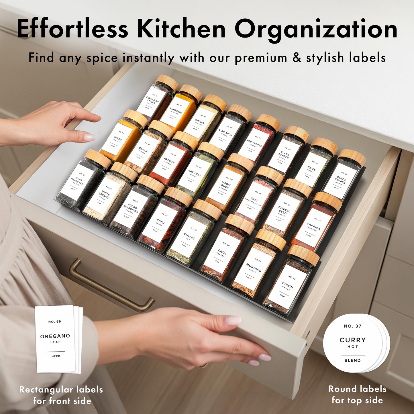 EDELHAUS® Square Spice Jars with Bamboo Wooden Lid (Pack of 24) Spice Jars with Shaker Insert and 240 Labels - Bamboo Lid Glass Container for Spice Organisation [4.3 in × 1.8 in]
