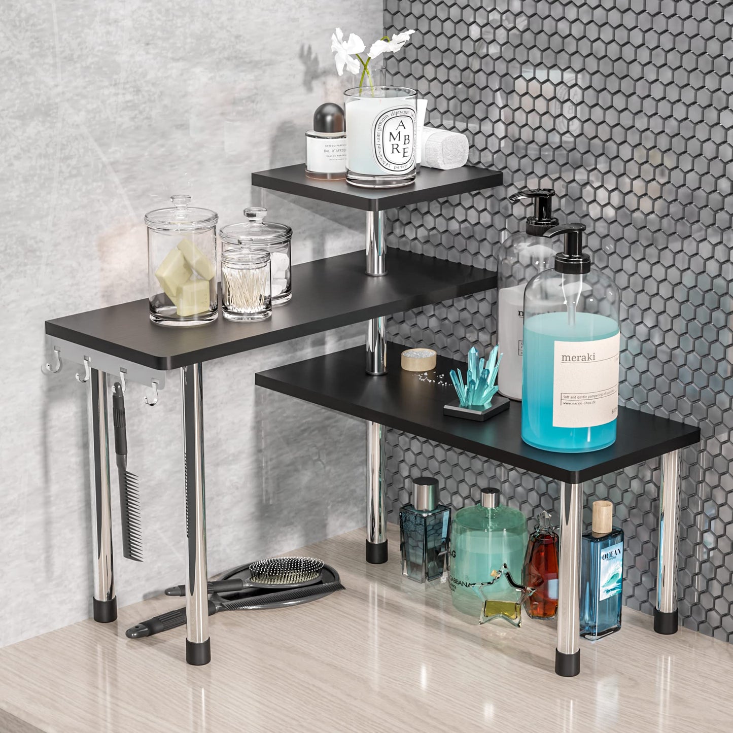 ZHWS Kitchen Countertop Organizer Spice Rack for Salt, Bathroom Counter Organizer Over Sink for Makeup, Skincare, Adjustable 3-Tier Corner Counter Shelf with 4 Hooks for Coffee Bar Dresser Table