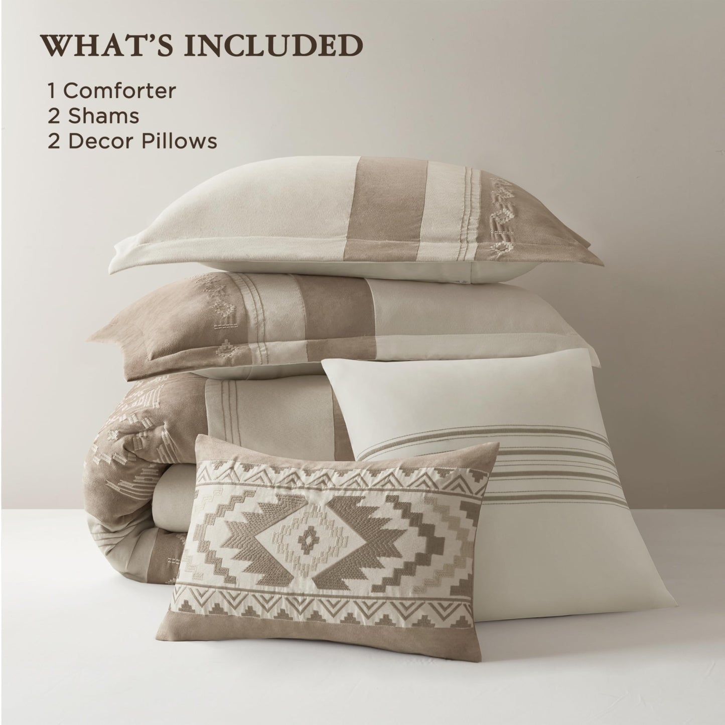 Woolrich Queen Comforter Set – Sutherland 5-Piece Microsuede Embroidered Bedding Set with Decorative Pillows, Taupe