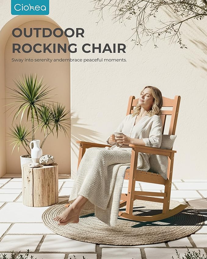 Ciokea Oversized Outdoor Rocking Chair, 380lbs Heavy-Duty Large Patio Rocker, Weather Resistant & Anti-Fade Porch Chair, High Back Cozy Rocking Chair for Outside, Fire Pit, Deck, Garden, Teak