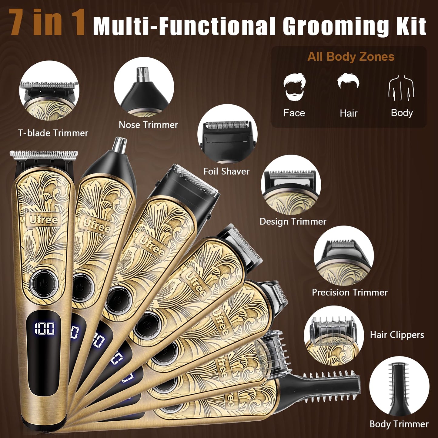 Ufree Gifts for Men, Beard Trimmer with Charging Stand, IPX7 Waterproof Electric Razor Shavers for Men, Clippers for Hair Cutting, Mens Grooming Kit for Mustache Nose Facial Body