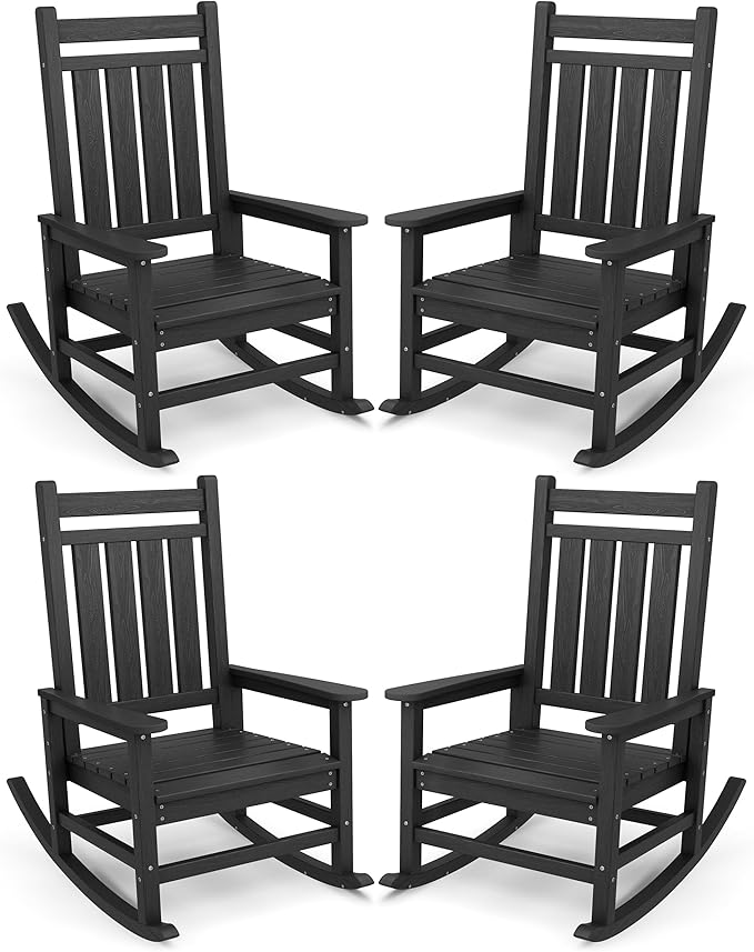 SERWALL Oversized Outdoor Rocking Chair Set of 4, HDPE Rocker for Adults, Patio Rocking Chairs for Porch, Black