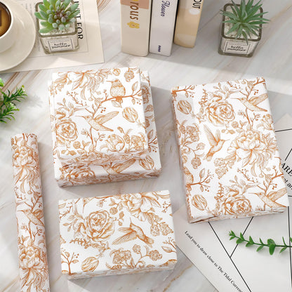 FYSUIMU Orange Floral Wrapping Paper -Mini Roll- 17 In x 32.8 Ft Chinoiserie Birds Flower Gift Wrap Paper for Wedding Baby Shower Birthday Party Wrapping Supplies