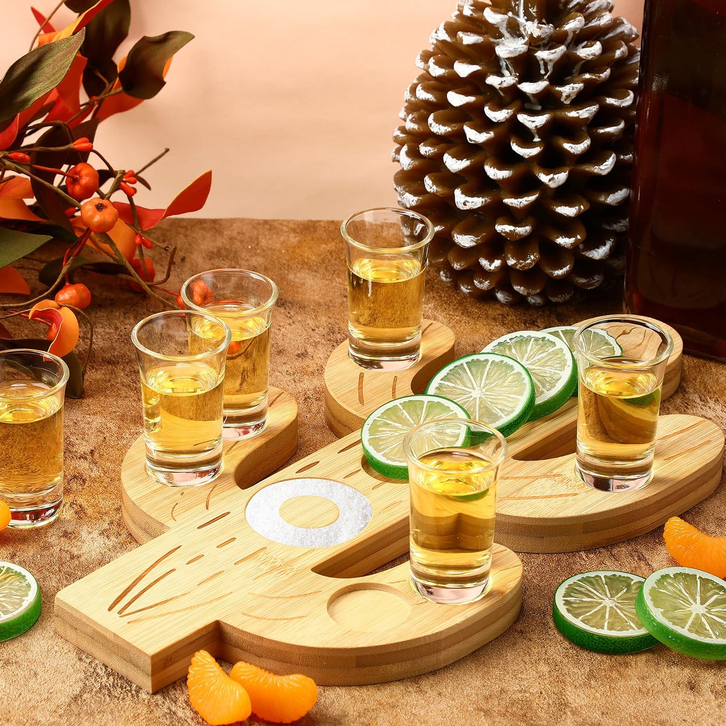 Funnymoom Mexican Tequila Shot Board with Glasses Set Fiesta Wooden Serving Tray with 6 Shot Glasses and Salt Lemon Rim Mexican Tequila Gifts for Cinco De Mayo Holiday Liquor Party(Cactus)