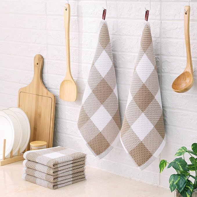Homaxy 100% Cotton Waffle Weave Check Plaid Dish Cloths, 12 x 12 Inches