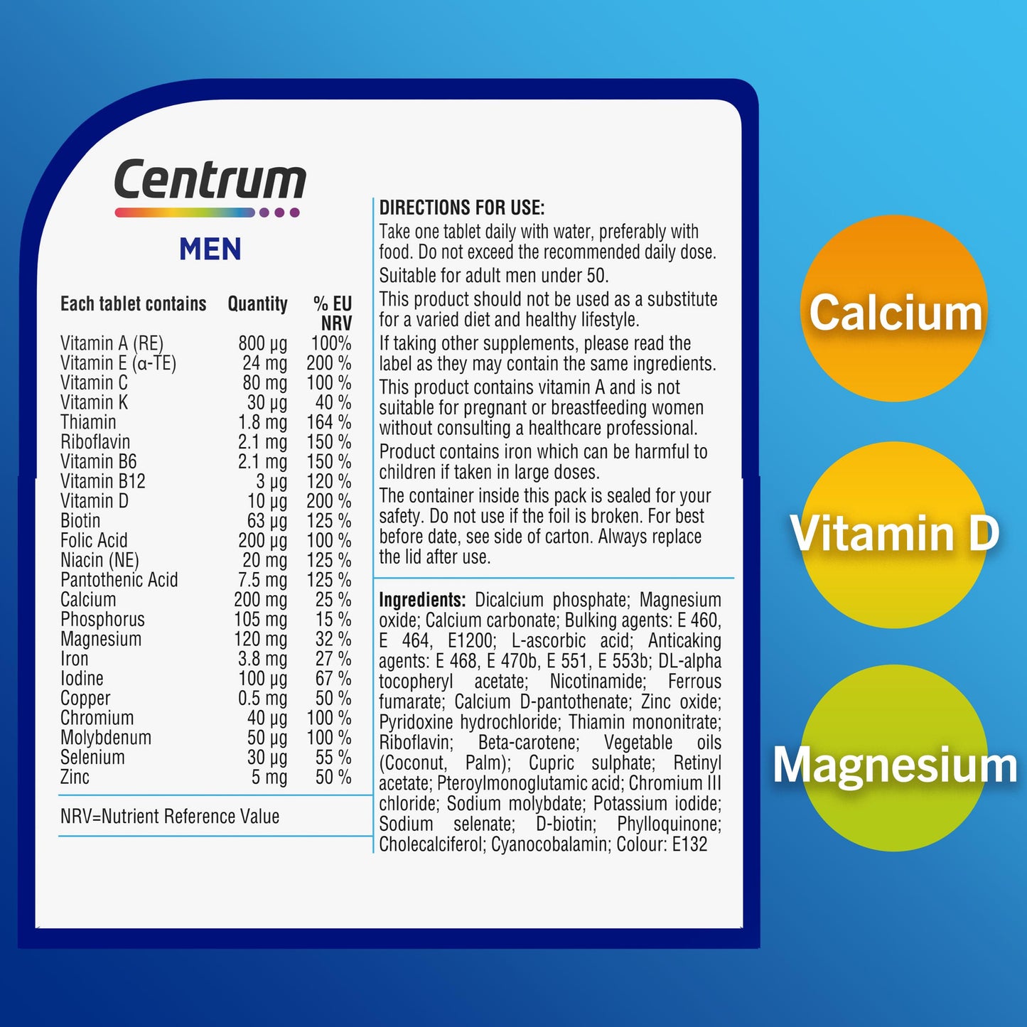 Centrum Men Tablets Multivitamin & Mineral Supplements, with 23 essential nutrients, including vitamin D, C, and Magnesium, 30 ct