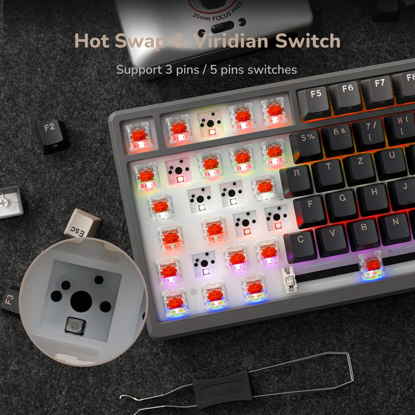 RK ROYAL KLUDGE M75 Wireless Mechanical Keyboard 2.4Ghz/BT5.1/USB-C Gaming Keyboard 75% Layout 81 Keys Gasket Mount with OLED Display & Knob RGB Backlight Hot-Swappable Red Switch, Grey, US Layout