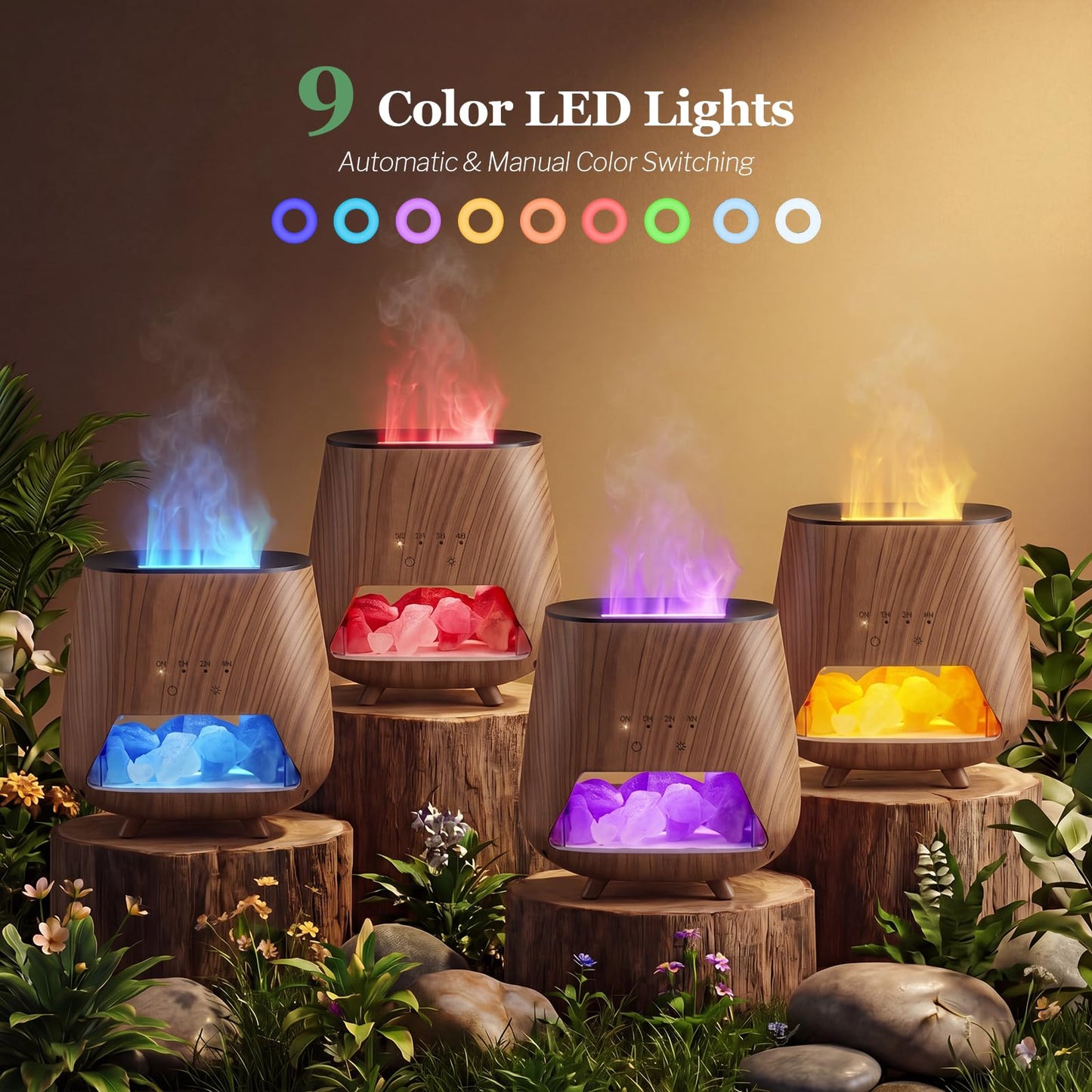 OUWEDW Essential Oil Diffuser for Home, 𝟒-𝐢𝐧-𝟏 Aromatherapy Diffuser & 𝐇𝐢𝐦𝐚𝐥𝐚𝐲𝐚𝐧 𝐒𝐚𝐥𝐭 Lamp, 200ml Cool Mist Humidifier, 𝟗-𝐂𝐨𝐥𝐨𝐫 𝐋𝐄𝐃, Auto Off, Bedroom Office Yoga