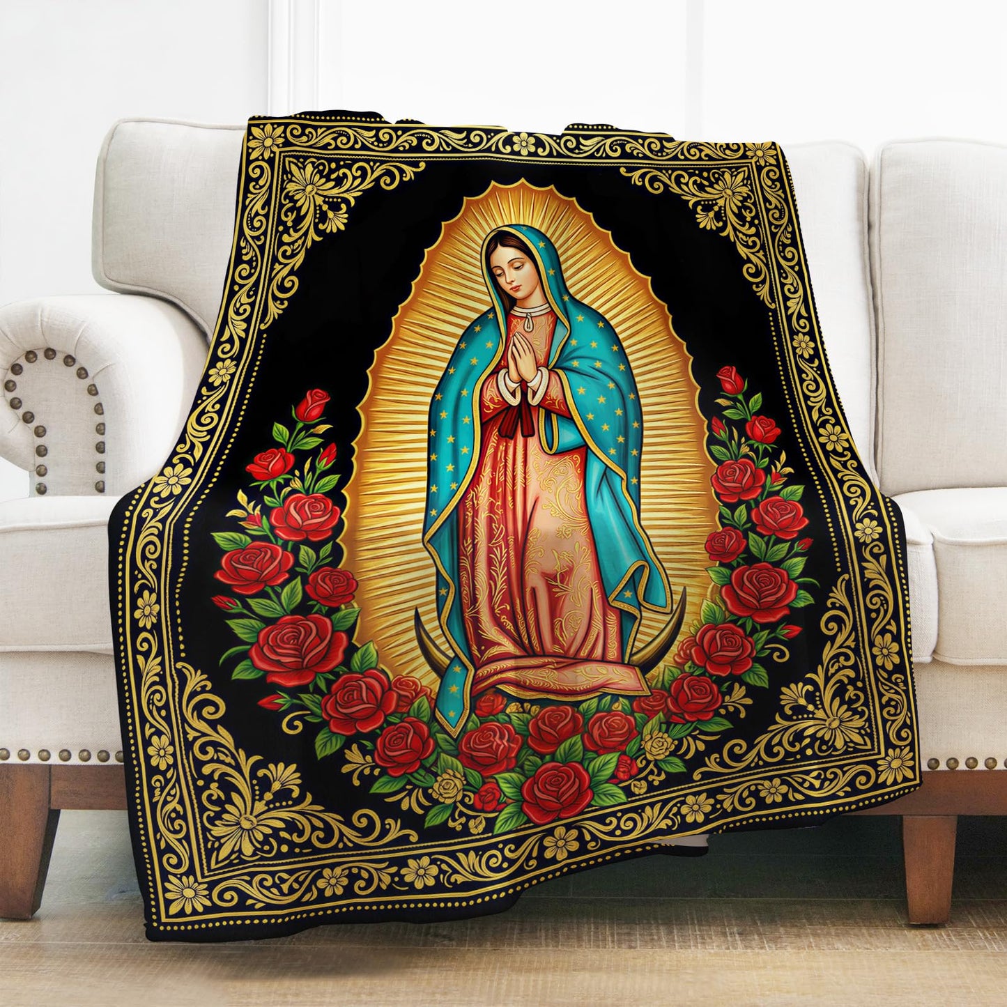 Levens Christian Throw Blanket - Lightweight Soft Cozy Flannel Lap Blanket for Napping- Unique Religious Decor for Couch Sofa Bed 50"x60" - Virgin Mary Virgen de Guadalupe Theme Gifts