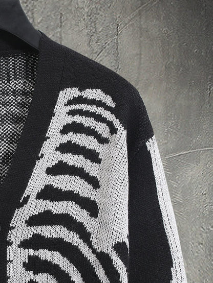 SHENHE Men's Skeleton Pattern Cardigan Sweaters Long Sleeve Unisex Outwear Knitted Coats Black XL